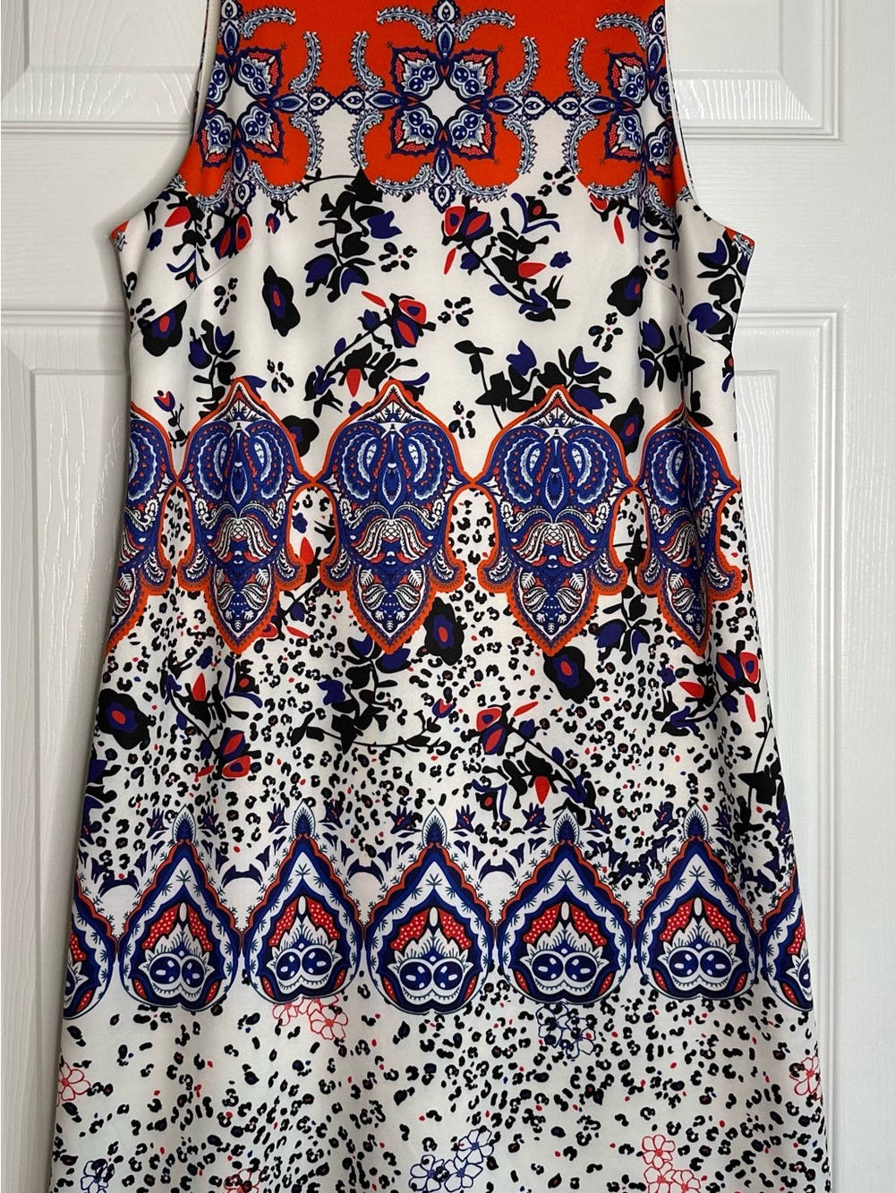 Betsey Johnson White Sleeveless Mini Dress with Blue & Orange Paisley Border